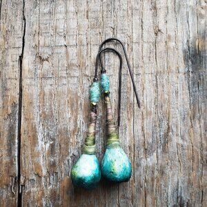 Artisan OAK Ocean & Sky Seed Pod sterling silver PORCELAIN Boho earrings |46